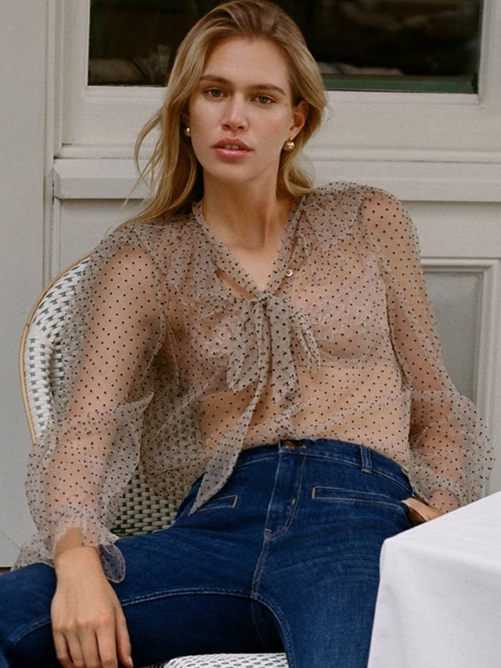 dolan Sheer Polka Dot Tie-Neck Blouse in Nude